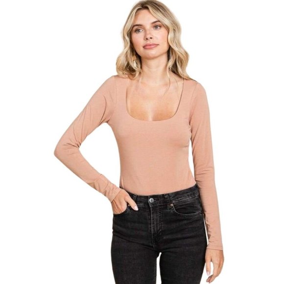 Culture Code Scoop Neck Light Brown Mocha Long Sleeve Bodysuit CJT1818L - Picture 1 of 4